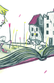 disegno un bambino su un libro aperto con delle case distrutte - Firma: 